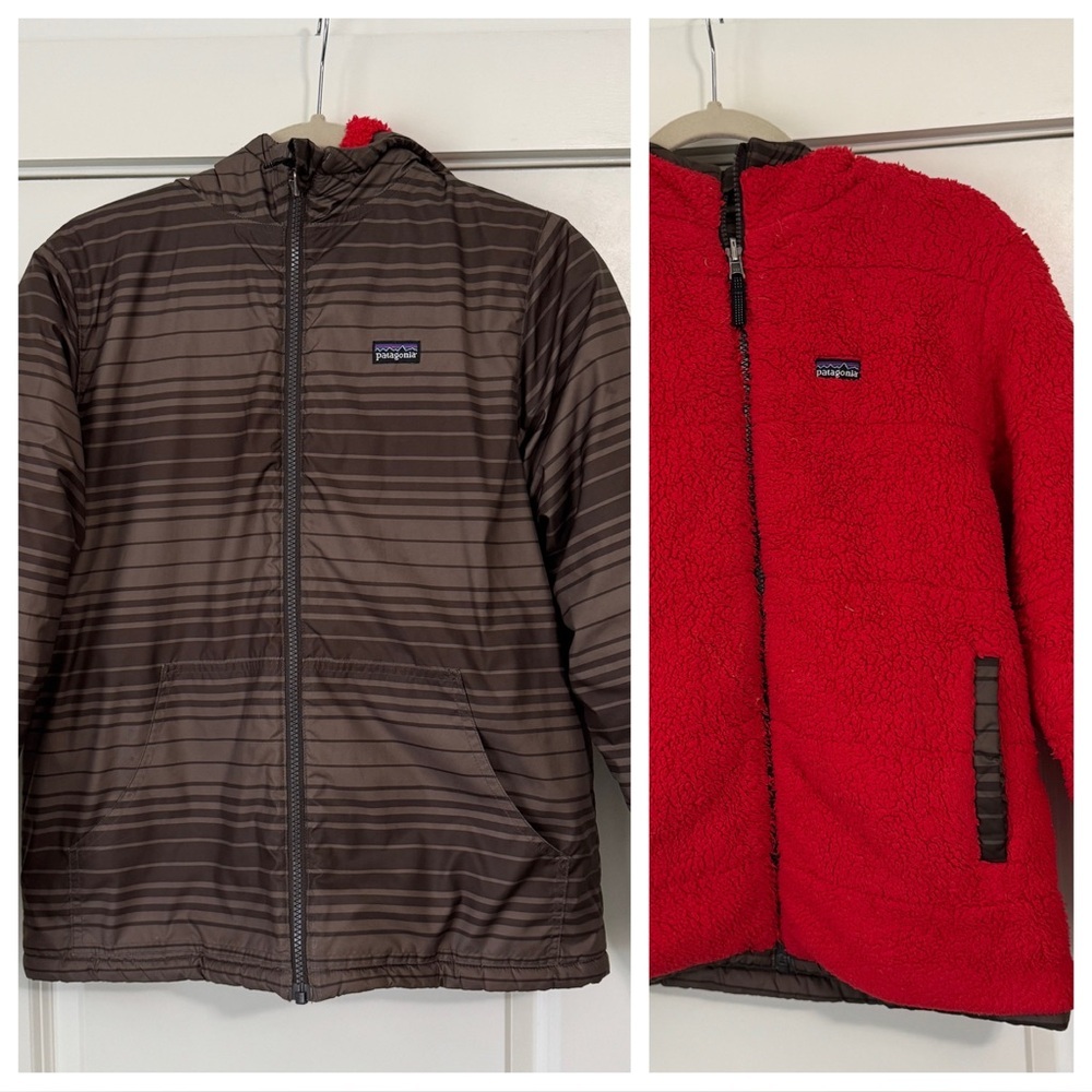 Patagonia Youth XL Reversible Brown Nylon & Red Faux Fur Jacket Outdoor